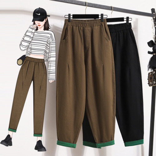 Actual shot of autumn new high-waisted elastic loose casual large size harem women's pants fat MM European version slimming dad trousers