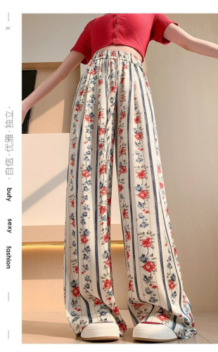 Retro rose print wide leg pants for women in summer thin ice silk drape cool sun protection pants high waist casual floor mopping pants