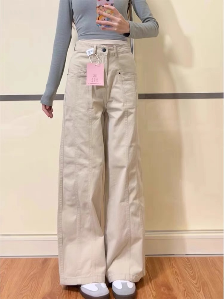 杏色豎線美式高街復古直筒牛仔褲女設計感寬鬆高腰顯瘦闊腿長褲子