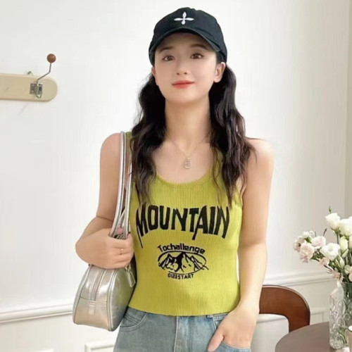 Mint Mambo style short sleeveless top sweet cool hottie U-neck printed letter slim vest for women 2024 summer