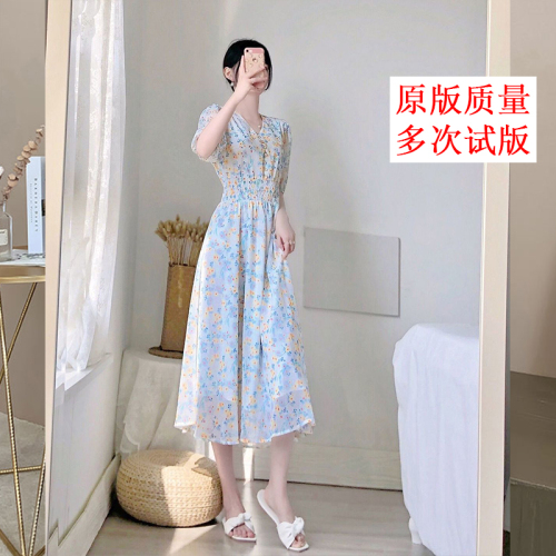 Long-sleeved/short-sleeved, salty, sweet and gentle long skirt, fairy-like super fairy forest V-neck chiffon floral dress