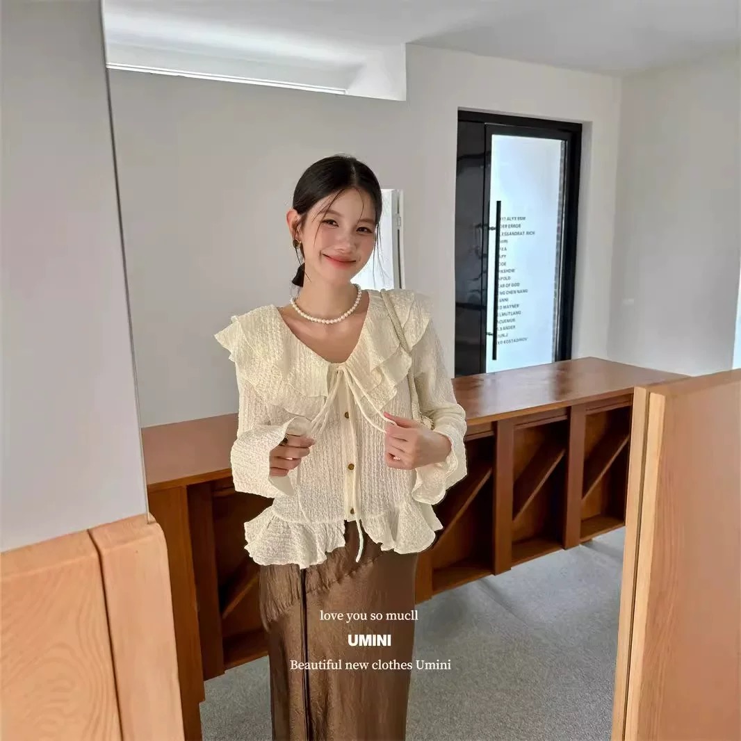 U+MINI新款法式荷葉邊V領褶皺開衫綁帶女針織衫7003