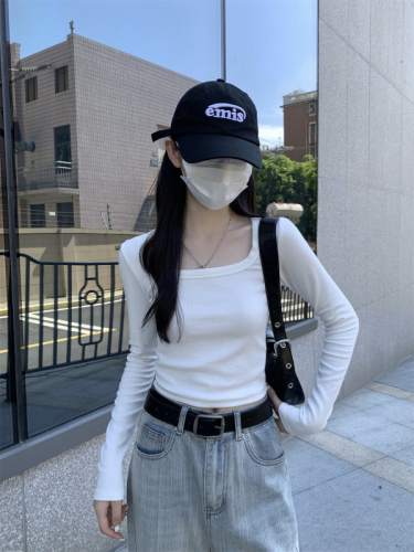 Actual shot of 2024 early autumn Korean version slim square collar basic solid color versatile pure cotton bottoming long-sleeved T-shirt top