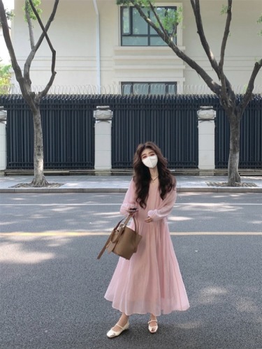 Actual shot #first love pink gentle style dress for women early autumn new style lantern long sleeves slimming and temperament long dress