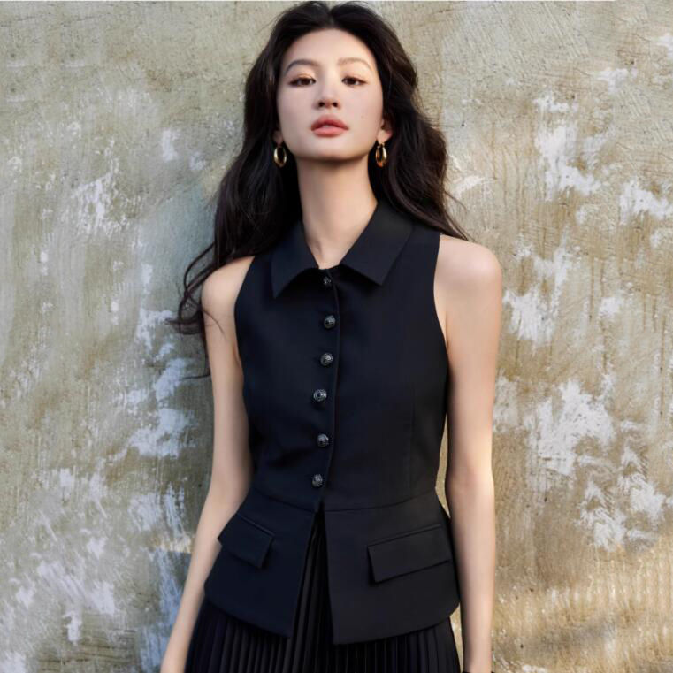 Summer women's new trendy black trendy vest tops with jewelry-grade buttons | Stand-up waist sleeveless lapel vest
