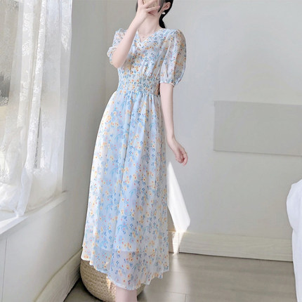 Long-sleeved/short-sleeved, salty, sweet and gentle long skirt, fairy-like super fairy forest V-neck chiffon floral dress