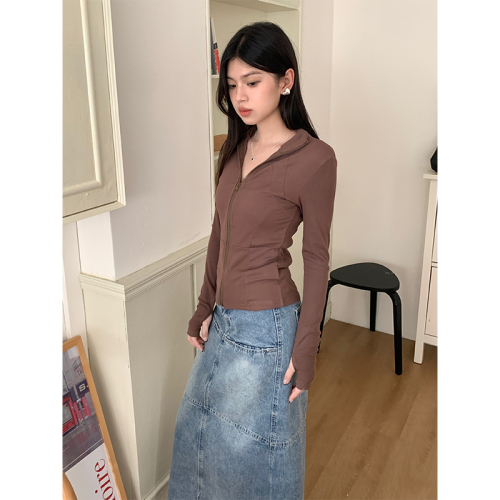 Real shot of pure lust style slim long-sleeved cardigan for women summer solid color versatile casual stand collar jacket 2024 new style