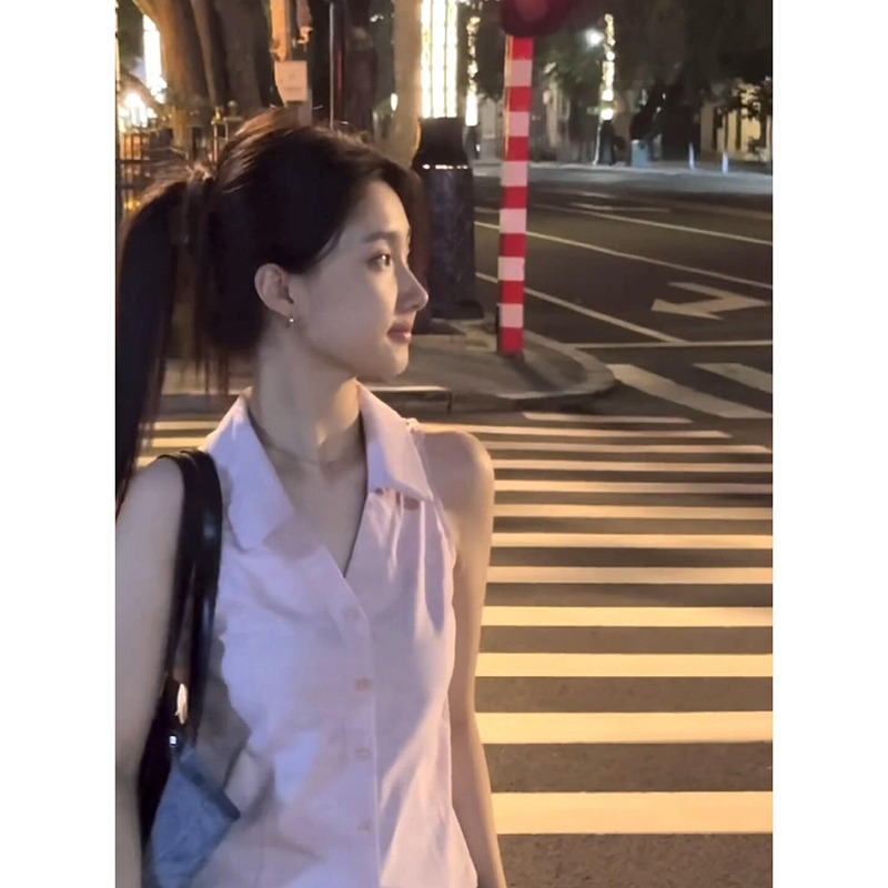 Korean version of hiphop pink vest shirt for women in summer, slim, high-end, ladylike temperament, casual and versatile shirt, trendy