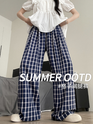 Navy plaid pants for women summer 2024 new ice silk thin wide-leg pants with drapey walking Yamamoto straight pants