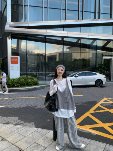 Actual shot of three-color loose lazy knitted sweater vest simple suit