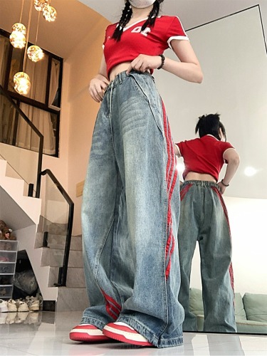 Real shot~Women's jeans, loose, trendy brand, straight striped stitching, casual wide-leg pants, drapey pants