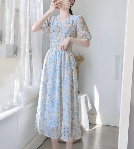 Long-sleeved/short-sleeved, salty, sweet and gentle long skirt, fairy-like super fairy forest V-neck chiffon floral dress