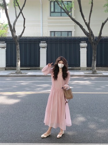 Actual shot #first love pink gentle style dress for women early autumn new style lantern long sleeves slimming and temperament long dress