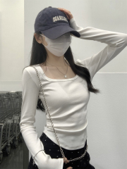 Actual shot of 2024 early autumn Korean style slim square collar pleated slim cotton versatile long-sleeved inner top T-shirt