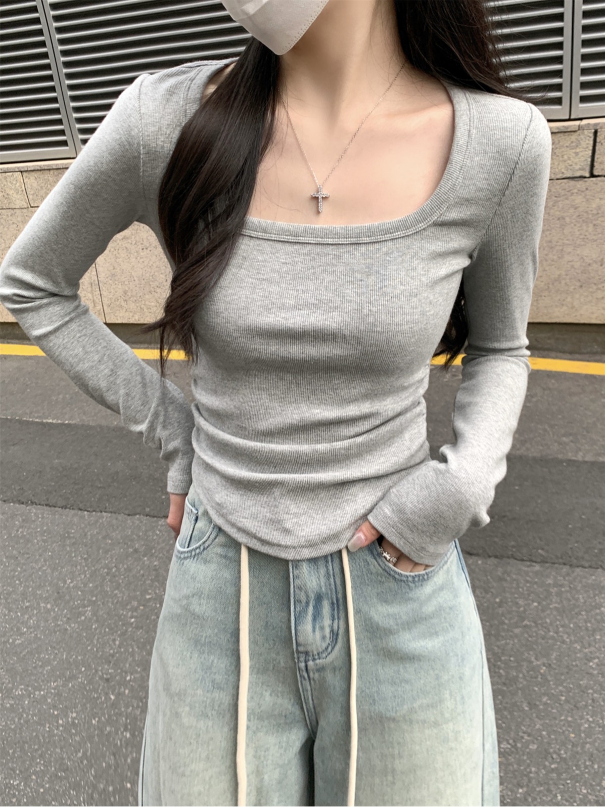 Real shot of early autumn new Korean style slim square collar pleated slimming design pure cotton versatile long-sleeved top T-shirt