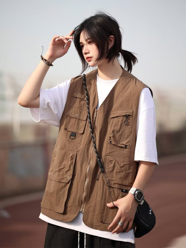 Vest men's spring and autumn thin stand-up collar casual multi-pocket workwear middle-aged vest outdoor quick-drying waistcoat sleeveless jacket