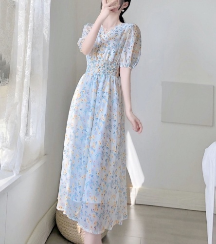 Long-sleeved/short-sleeved, salty, sweet and gentle long skirt, fairy-like super fairy forest V-neck chiffon floral dress