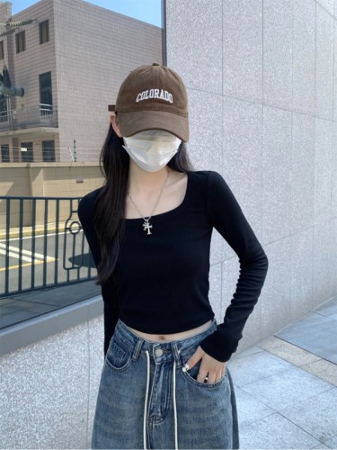 Actual shot of 2024 early autumn Korean version slim square collar basic solid color versatile pure cotton bottoming long-sleeved T-shirt top