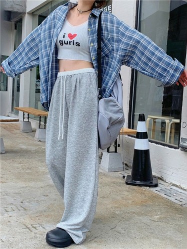 Actual shot Korean style casual color matching elastic waist drapey drawstring wide leg pants sports sweatpants