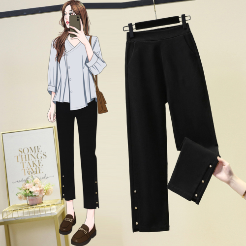 Real shot of autumn new large size black elastic waist straight elastic women's pants for fat MM high waist OL Korean style women's pants