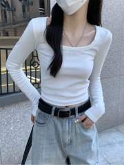 Actual shot of 2024 early autumn Korean version slim square collar basic solid color versatile pure cotton bottoming long-sleeved T-shirt top