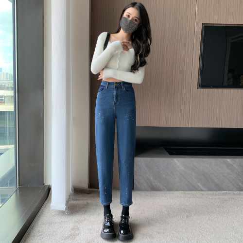 Real shot of new autumn large size jeans for fat mm women, high-waisted daddy pants, slim, loose, slightly fat, harem pants for women