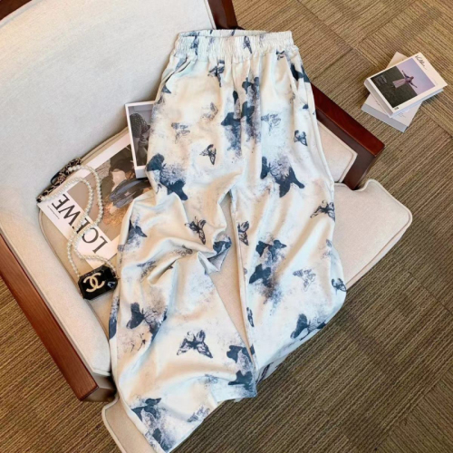 Ink Chinese style butterfly wide-leg summer pants for women thin high-waist casual sunscreen tie-dye loose ice silk pants