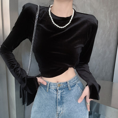 dudu Korean style round neck long-sleeved velvet T-shirt women's niche popular 2024 spring and autumn casual bottoming shirt popular tops