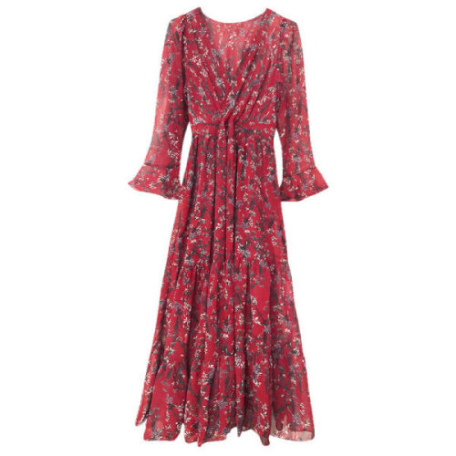 Spring, Autumn and Winter Fashionable Overknee Long Sleeve Waist Cincher Slimming Dress with V-Neck Floral Print 