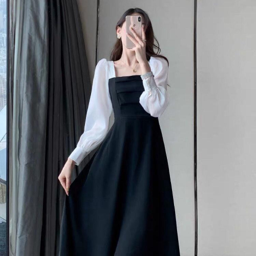 Autumn Fat Sister French Retro Square Neck Slim Dress Plus Size Women's Hepburn Style Waist Long Sleeve Little Black Dress