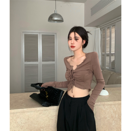 Actual shot ~ Irregular T-shirt for women, V-neck slim fit, autumn short, tight-fitting drawstring design, niche top