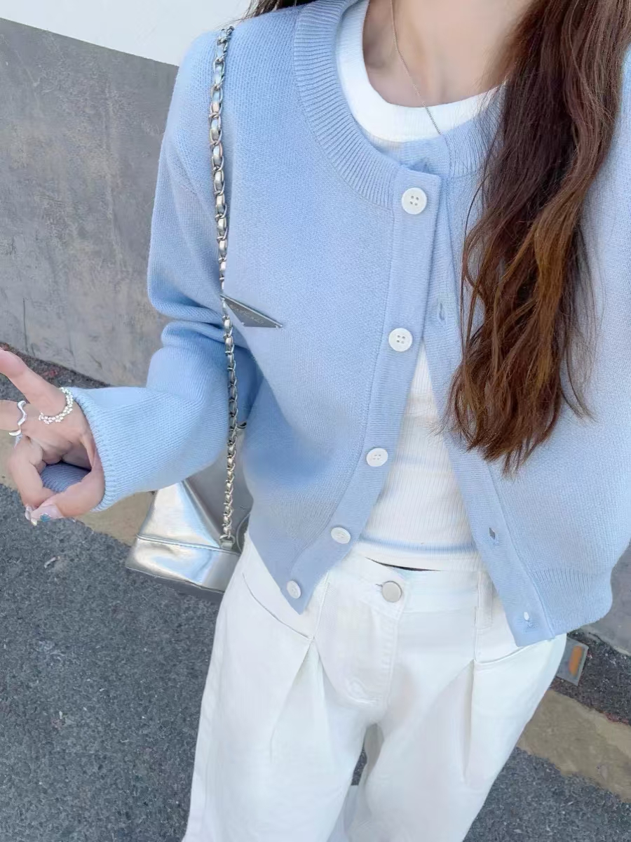 Unique blue knit cardigan for women, spring design with a relaxed vibe, long-sleeve top, short-length open jacket