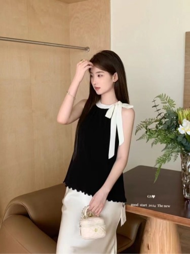 GS blogger wears new summer Korean style sweet color matching sleeveless bow tie blouse vest top women's clothing