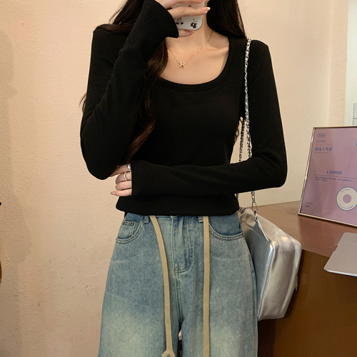 Actual shot of 2024 spring and autumn Korean style loose threaded square collar solid color short bottoming shirt long sleeve T-shirt for women