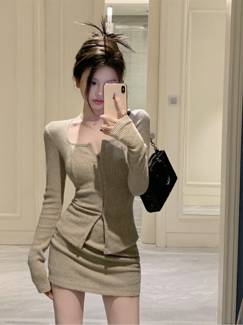 Real Shot American Sweet Style Versatile Knit Set Dress for Women Autumn/Winter Korean Drama French Gentle temperament Winter Outfit