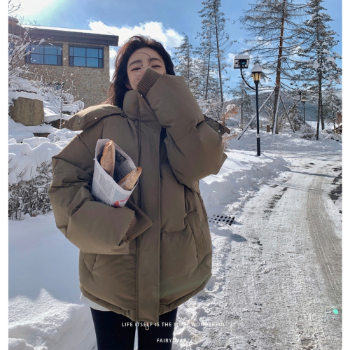 Blue hooded short down jacket for women 2024 new small Korean style thickened and slimming cotton coat