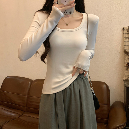 Actual shot of 2024 spring and autumn Korean style loose threaded square collar solid color short bottoming shirt long sleeve T-shirt for women