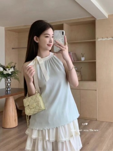 GS blogger wears new summer Korean style sweet color matching sleeveless bow tie blouse vest top women's clothing