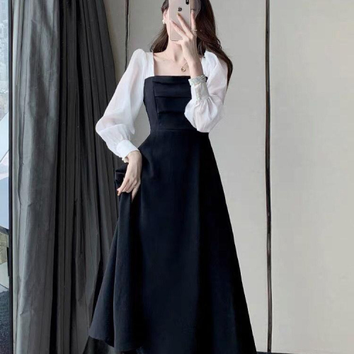 Autumn Fat Sister French Retro Square Neck Slim Dress Plus Size Women's Hepburn Style Waist Long Sleeve Little Black Dress