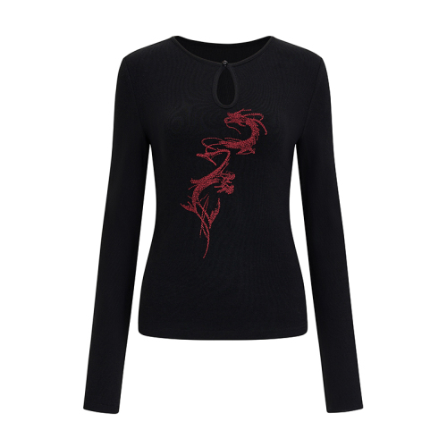 2024 Slim and Slim Chinese Style Casual Long Sleeve Dragon Pattern Embroidery New Chinese Style T-shirt Bead Button Bottoming Top Super Slim