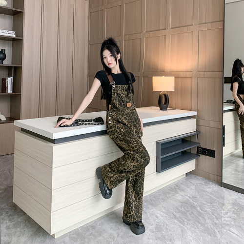 Real shot ~ American retro high street leopard print denim overalls for women with loose design niche straight trousers