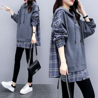 Cotton fake two-piece sweatshirt women's trendy hooded autumn women's Korean style loose spring and autumn large size women's new plaid splicing