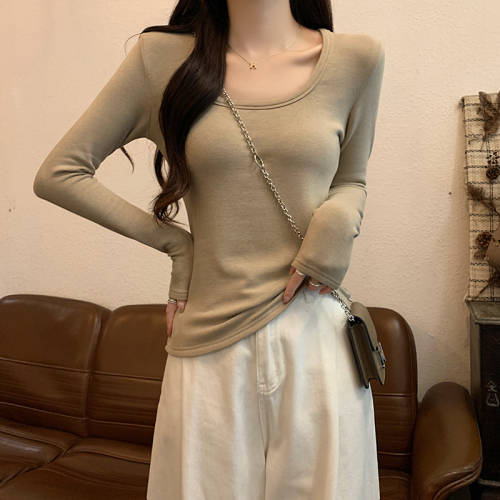 Actual shot of 2024 spring and autumn Korean style loose threaded square collar solid color short bottoming shirt long sleeve T-shirt for women