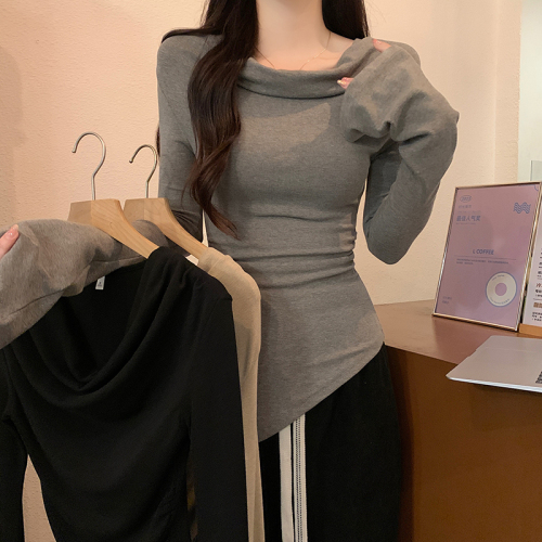 Actual shot of 2024 new design pleated irregular saliva collar long-sleeved T-shirt women's spring and autumn tops