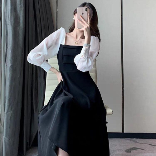 Autumn Fat Sister French Retro Square Neck Slim Dress Plus Size Women's Hepburn Style Waist Long Sleeve Little Black Dress