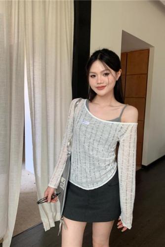 Real shot of fake two-piece knitted sweater long-sleeved hollow irregular bottoming shirt top