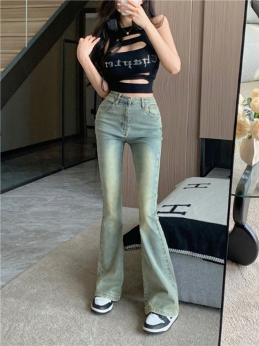 Real shot!  High-waisted slim retro micro-flare pants new wide-leg straight denim trousers