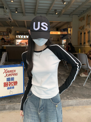 Real shot early autumn 2024 Korean style contrasting color slim raglan strip design pure cotton long-sleeved T-shirt women's top