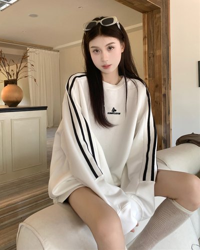 Back collar, non-pilling, cotton screw top, imitation cotton Chinese cotton composite 320g stripe embroidery autumn Korean style sweatshirt