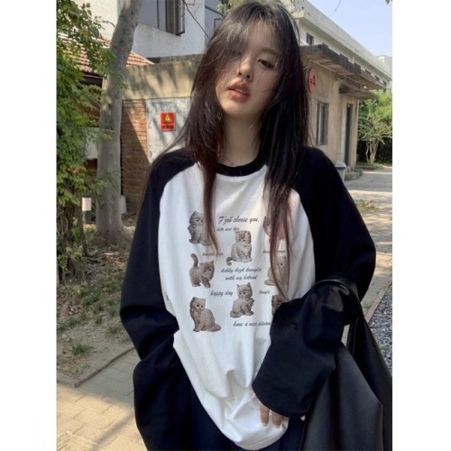 Pure cotton 200 grams 21 count combed precision live quality printed autumn color matching long-sleeved T-shirt for women